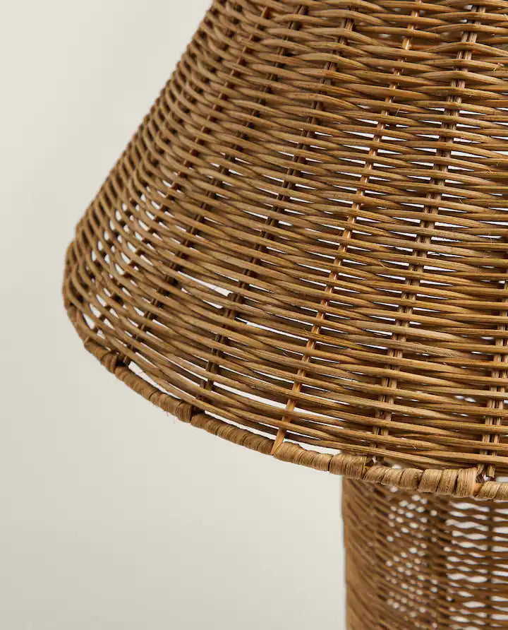 Closeup of the top of a rattan lamp